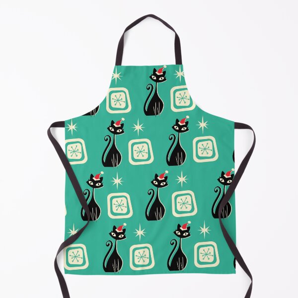 Item preview, MCM mid century modern black kitty wearing a santa hat Christmas winter pattern on teal background designed and sold by Jdawnink.