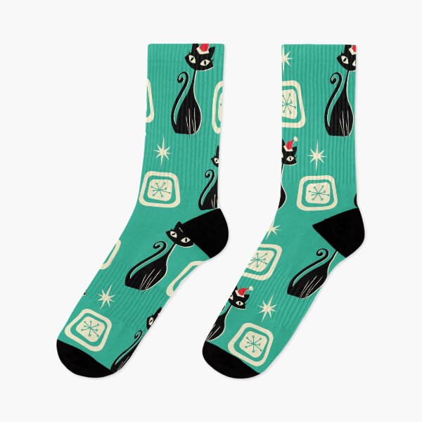 Item preview, MCM mid century modern black kitty wearing a santa hat Christmas winter pattern on teal background designed and sold by Jdawnink.