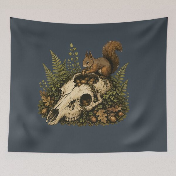 Item preview, Red Squirrel Collecting Acorns on Deer Skull Woodland Illustration designed and sold by SimplePoDesign.