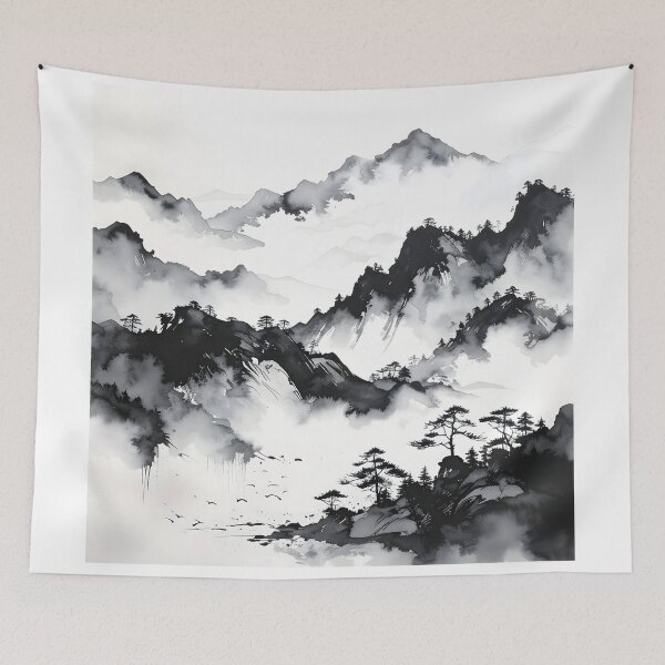 Item preview, Misty Japanese Mountains Ink Wash Landscape designed and sold by BetweenForms.