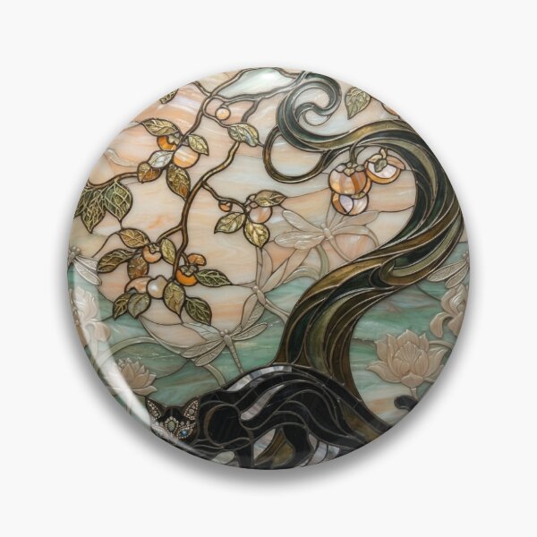 Item preview, Neo Nihon-ga 春草 柿 黒猫 アールヌーヴォー・ステンドグラス風 designed and sold by misaeklm.