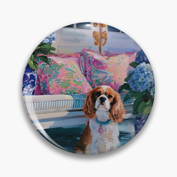Item preview, Cavalier spaniel on Southern porch with blue hydrangea designed and sold by SophieClimaArt.
