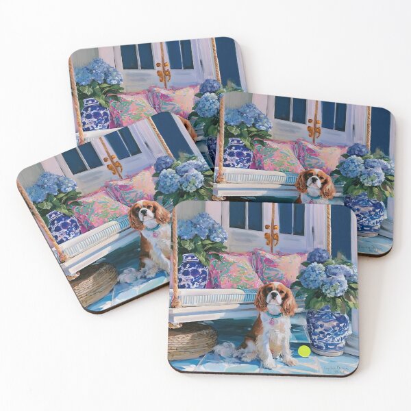 Item preview, Cavalier spaniel on Southern porch with blue hydrangea designed and sold by SophieClimaArt.