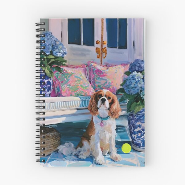 Item preview, Cavalier spaniel on Southern porch with blue hydrangea designed and sold by SophieClimaArt.