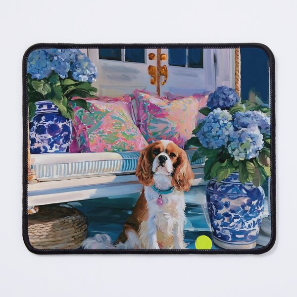 Item preview, Cavalier spaniel on Southern porch with blue hydrangea designed and sold by SophieClimaArt.