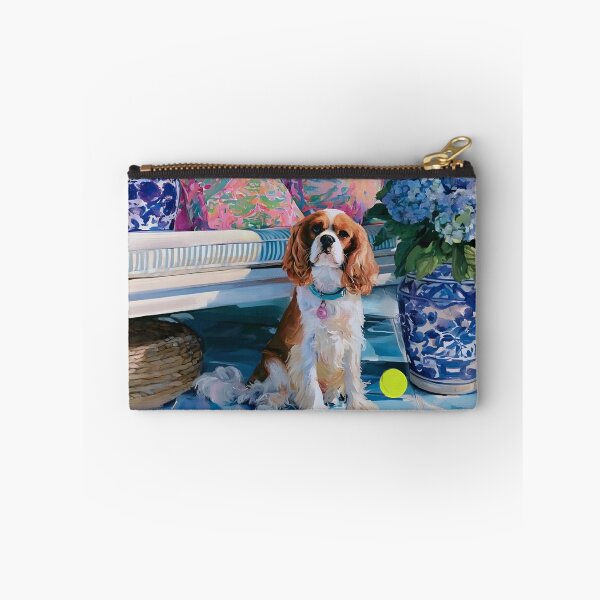 Item preview, Cavalier spaniel on Southern porch with blue hydrangea designed and sold by SophieClimaArt.