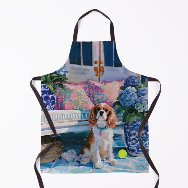 Item preview, Cavalier spaniel on Southern porch with blue hydrangea designed and sold by SophieClimaArt.