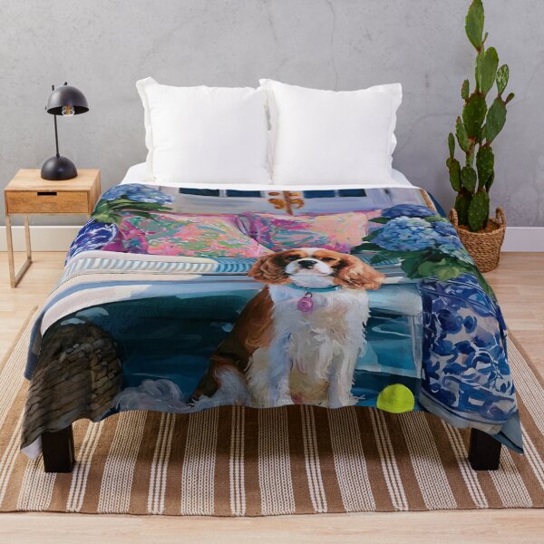 Item preview, Cavalier spaniel on Southern porch with blue hydrangea designed and sold by SophieClimaArt.