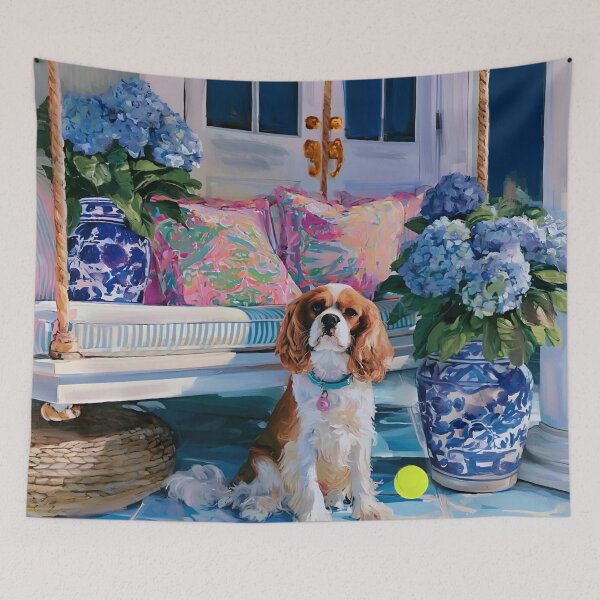 Item preview, Cavalier spaniel on Southern porch with blue hydrangea designed and sold by SophieClimaArt.