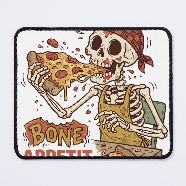 Item preview, Skeleton in Checkered Bandana and Apron Eating Giant Slice of Pizza at Table designed and sold by MisteryDesigner.
