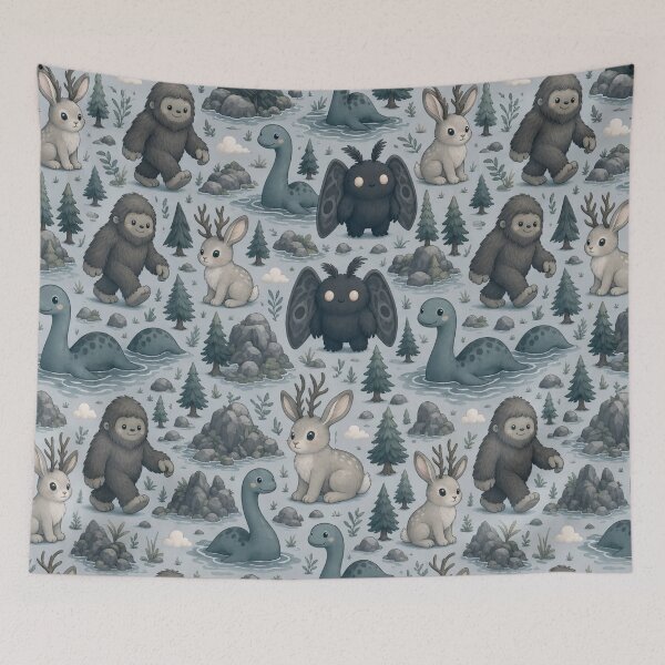 Item preview, Cute Cryptid Collection Mothman Bigfoot And Nessie Seamless Pattern Slate Grey designed and sold by StickyGuys.