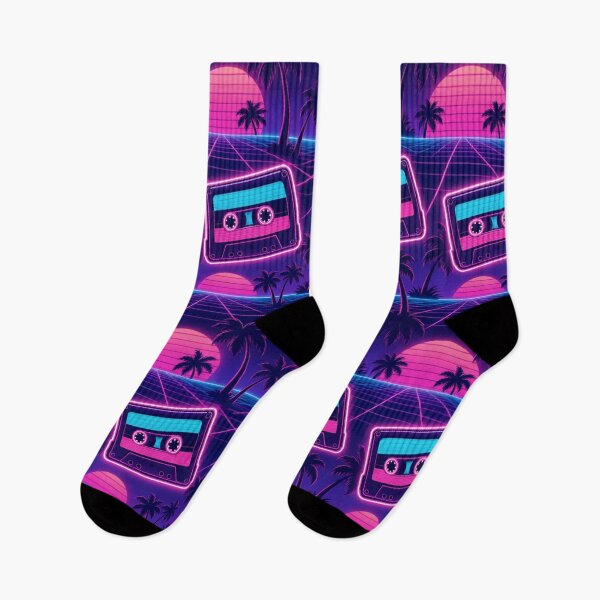 Item preview, Retro Cassettes Palms And Sunset Grids Vaporwave Seamless Pattern Neon Pink designed and sold by StickyGuys.