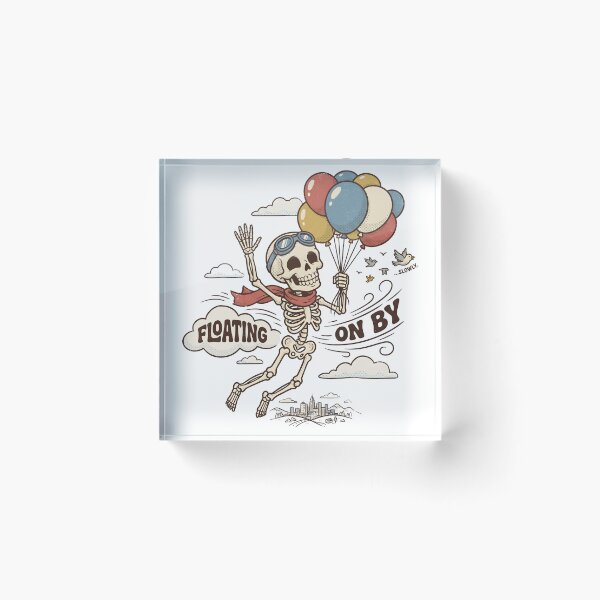 Item preview, Skeleton in Goggles and Scarf Floating Away with Colorful Balloons Over City Skyline designed and sold by MisteryDesigner.