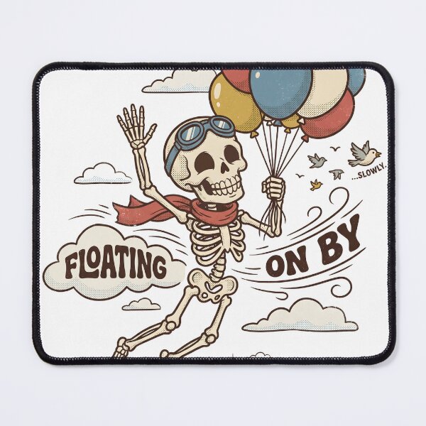 Item preview, Skeleton in Goggles and Scarf Floating Away with Colorful Balloons Over City Skyline designed and sold by MisteryDesigner.