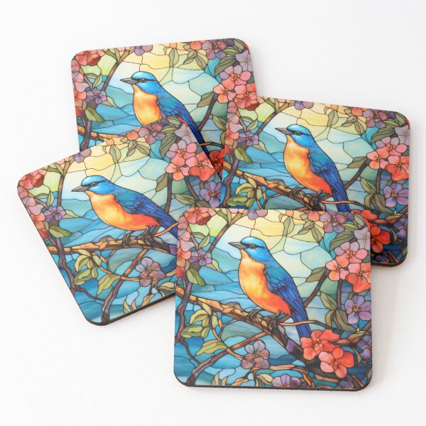 Item preview, Songbird in Cherry Blossom Tree Stained Glass Artwork designed and sold by pinkal.