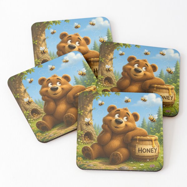 Item preview, Cute Bear with Honey Barrel & Happy Bees designed and sold by LinaDesign Store.