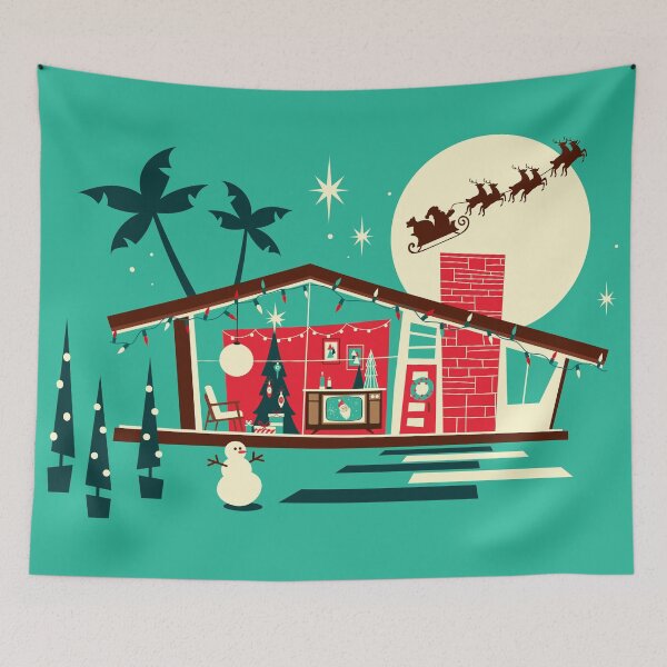 Item preview, MCM Christmas greeting Mid Century style home Retro Living room with Christmas Tree television and furniture designed and sold by Jdawnink.