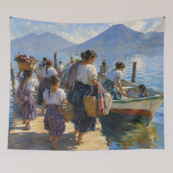 Item preview, Lake Atitlán Guatemala – Maya Women, Boats and Volcano Landscape designed and sold by GutyzDesignsES.