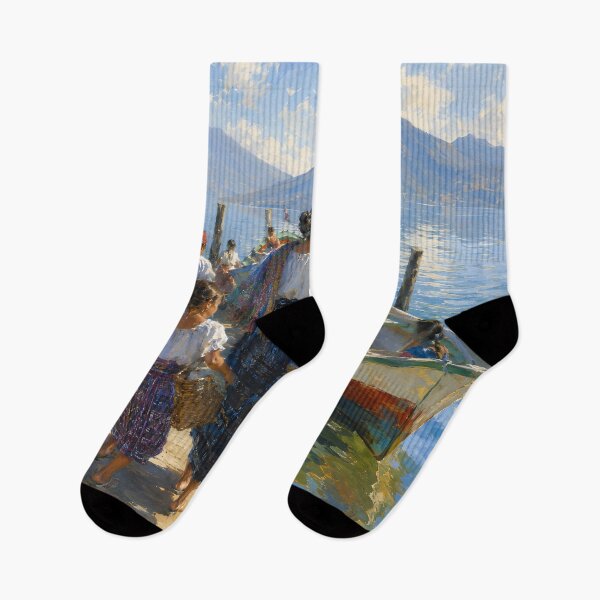 Item preview, Lake Atitlán Guatemala – Maya Women, Boats and Volcano Landscape designed and sold by GutyzDesignsES.
