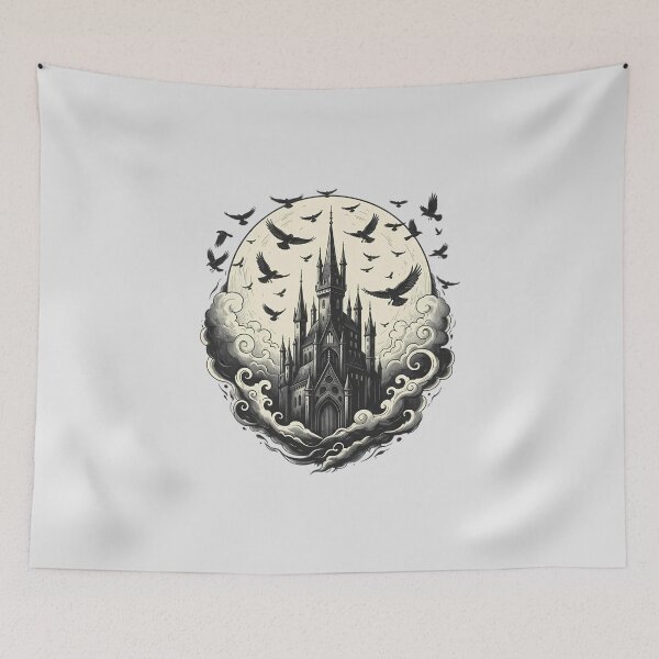 Item preview, Gothic Castle With Ravens And Moon Dark Fantasy Occult Architecture designed and sold by andromeda-redd.