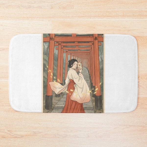 Item preview, Shrine Maiden with Kitsune Mask in Torii Gates Ukiyo-e designed and sold by TokyoUkiyoHouse.
