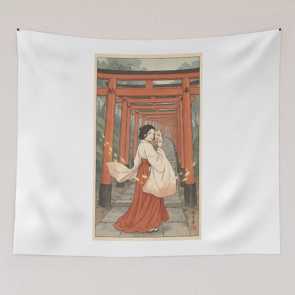 Item preview, Shrine Maiden with Kitsune Mask in Torii Gates Ukiyo-e designed and sold by TokyoUkiyoHouse.