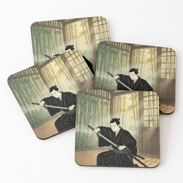 Item preview, Samurai Drawing Katana in Dojo with Bamboo Forest Ukiyo-e designed and sold by TokyoUkiyoHouse.