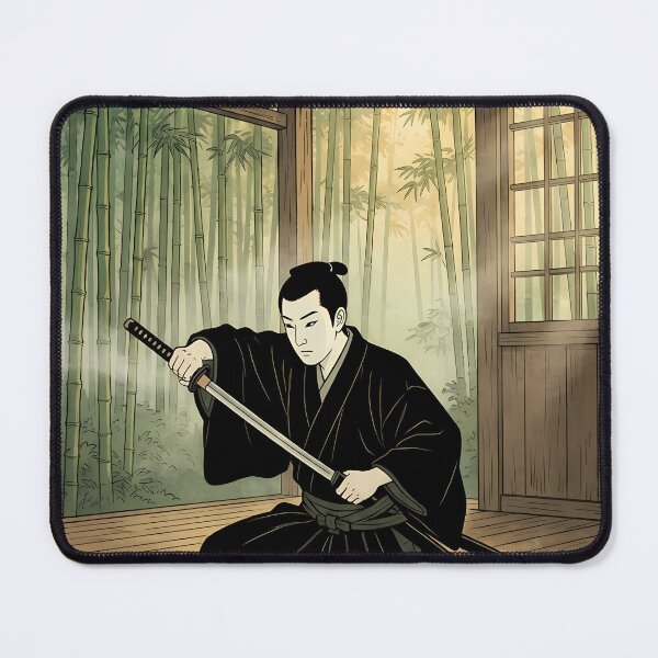 Item preview, Samurai Drawing Katana in Dojo with Bamboo Forest Ukiyo-e designed and sold by TokyoUkiyoHouse.
