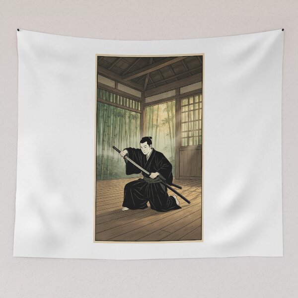 Item preview, Samurai Drawing Katana in Dojo with Bamboo Forest Ukiyo-e designed and sold by TokyoUkiyoHouse.