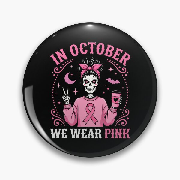 Item preview, In October We Wear Pink Breast Cancer Awareness Messy Bun Skeleton designed and sold by IsDesignHub.