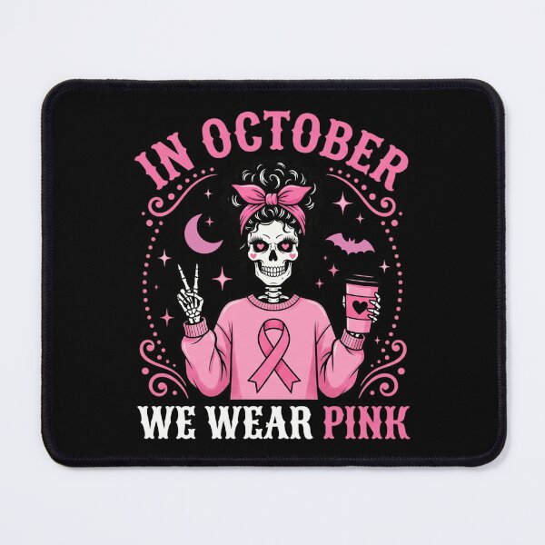 Item preview, In October We Wear Pink Breast Cancer Awareness Messy Bun Skeleton designed and sold by IsDesignHub.