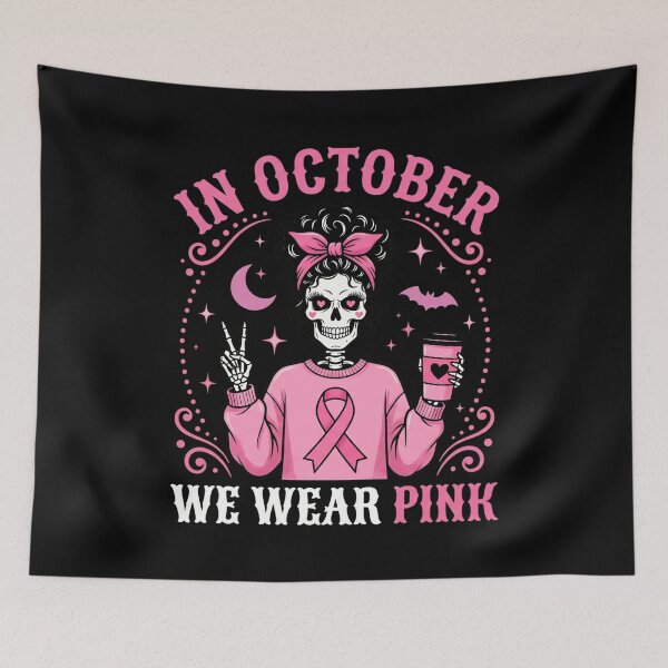 Item preview, In October We Wear Pink Breast Cancer Awareness Messy Bun Skeleton designed and sold by IsDesignHub.