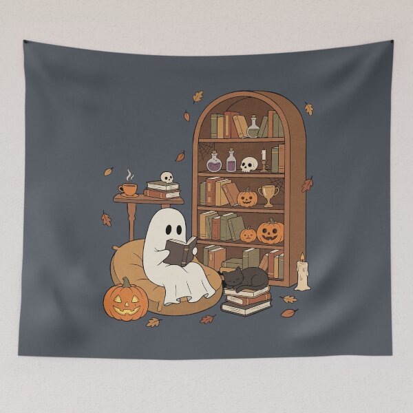 Item preview, Cozy Ghost Reading in a Haunted Halloween Library designed and sold by FreshVibe Prints.