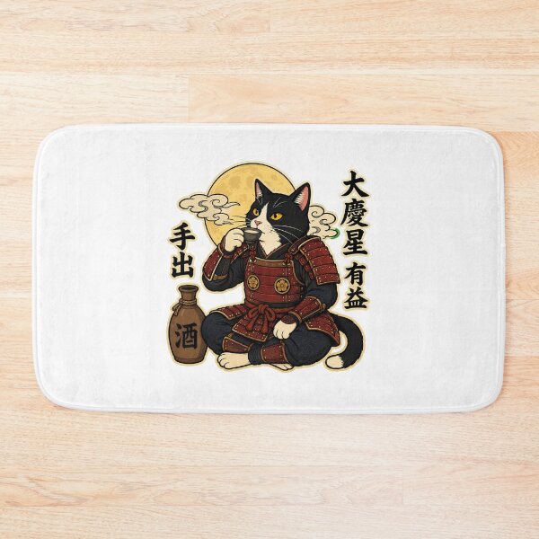 Item preview, Samurai Cat Drinking Sake Moonlit Ukiyo-e Art designed and sold by chattsuede.