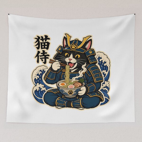 Item preview, Samurai Cat Eating Ramen Kawaii Japanese Cartoon designed and sold by chattsuede.