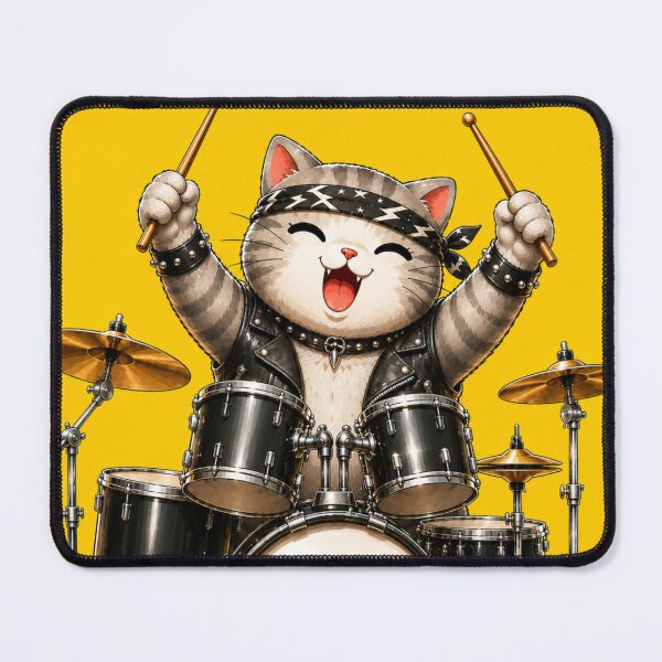 Item preview, Young Gray Cat Catrio Drummer Cute Rock Band Illustration designed and sold by Mindworx21.