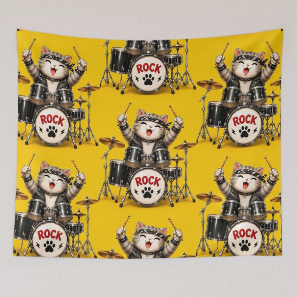 Item preview, Young Gray Cat Catrio Drummer Cute Rock Band Illustration designed and sold by Mindworx21.