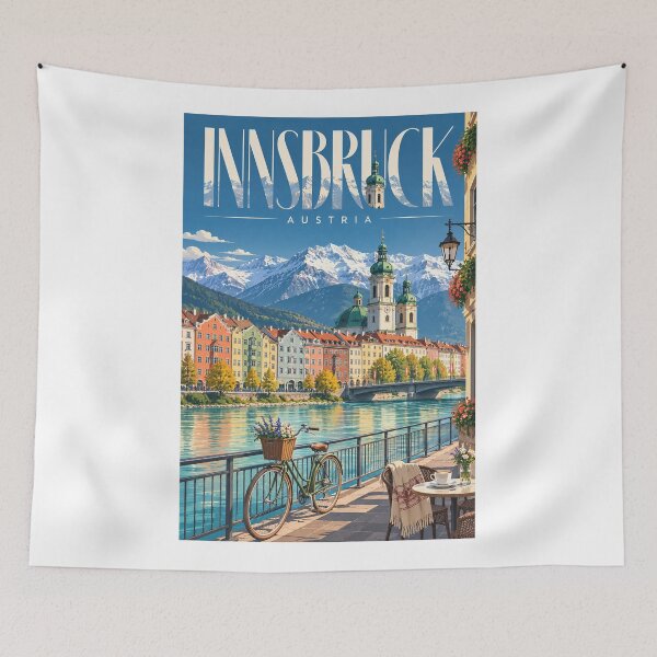 Artikelvorschau, Farbenfrohe Innsbrucker Skyline mit der Nordkette und dem Inn, Österreich entworfen und verkauft von Aryabek.
