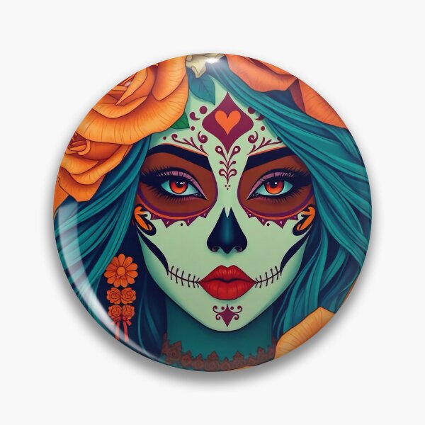 Item preview, Illustration of a Dia de los Muertos woman with roses and face paint on orange background designed and sold by SweetLilith.