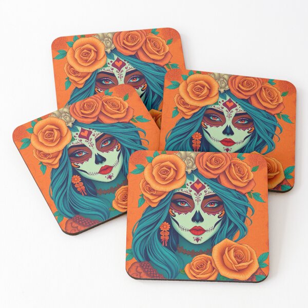 Item preview, Illustration of a Dia de los Muertos woman with roses and face paint on orange background designed and sold by SweetLilith.