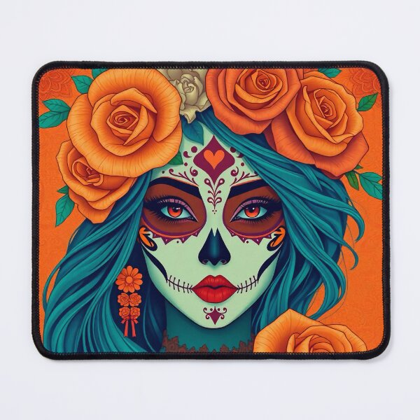 Item preview, Illustration of a Dia de los Muertos woman with roses and face paint on orange background designed and sold by SweetLilith.