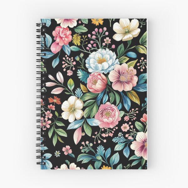 Item preview, Cuaderno con estampado de jardín botánico oscuro y flores rosas y azules designed and sold by FestivityFinds.