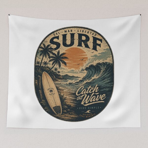 Item preview, Retro Vintage Surf - Catch the Wave, Surfboard and Tropical Sunset designed and sold by victorstudioart.