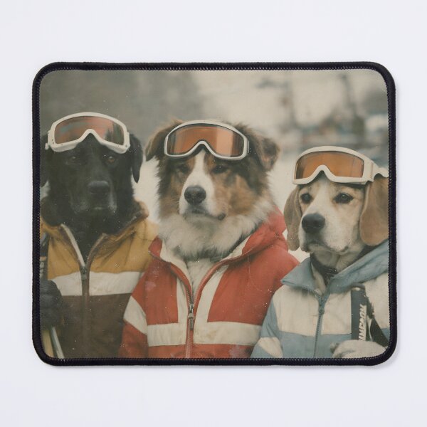 Item preview, Three Dog Friends Ski Vacation Wall Art | Whimsical Winter Adventure Portrait | Retro Photography Style Snow Scene Print designed and sold by PaintedPixels01.