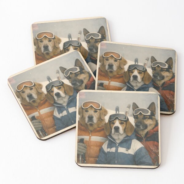 Item preview, Three Dog Friends Ski Vacation Wall Art | Whimsical Winter Adventure Portrait | Retro Photography Style Snow Scene Print designed and sold by PaintedPixels01.