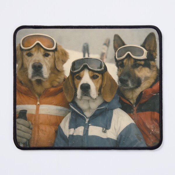 Item preview, Three Dog Friends Ski Vacation Wall Art | Whimsical Winter Adventure Portrait | Retro Photography Style Snow Scene Print designed and sold by PaintedPixels01.