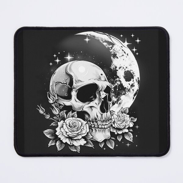 Item preview, Gothic Skull, Roses and Crescent Moon Black and White Celestial Art designed and sold by inkoutninja.