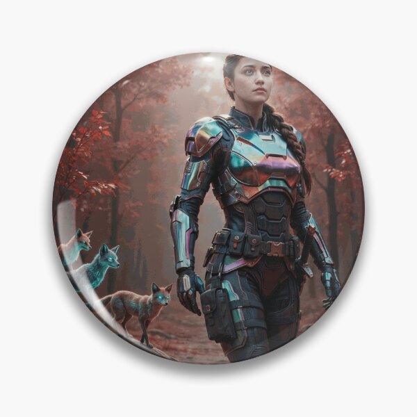 Item preview, Futuristic Female Warrior with Cyber Foxes in Red Forest designed and sold by AldricFenlow.