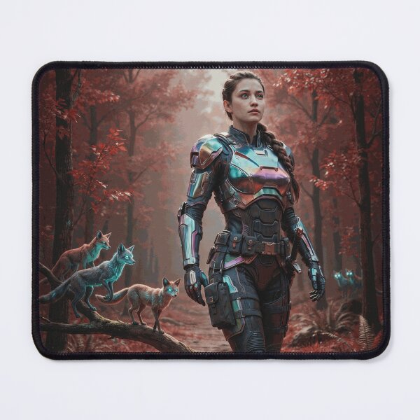 Item preview, Futuristic Female Warrior with Cyber Foxes in Red Forest designed and sold by AldricFenlow.