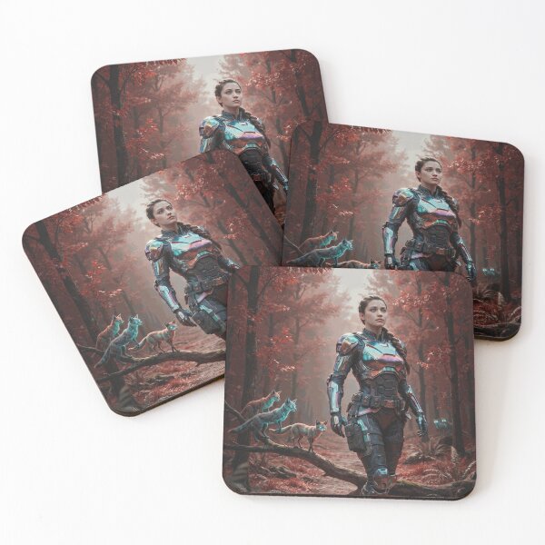 Item preview, Futuristic Female Warrior with Cyber Foxes in Red Forest designed and sold by AldricFenlow.